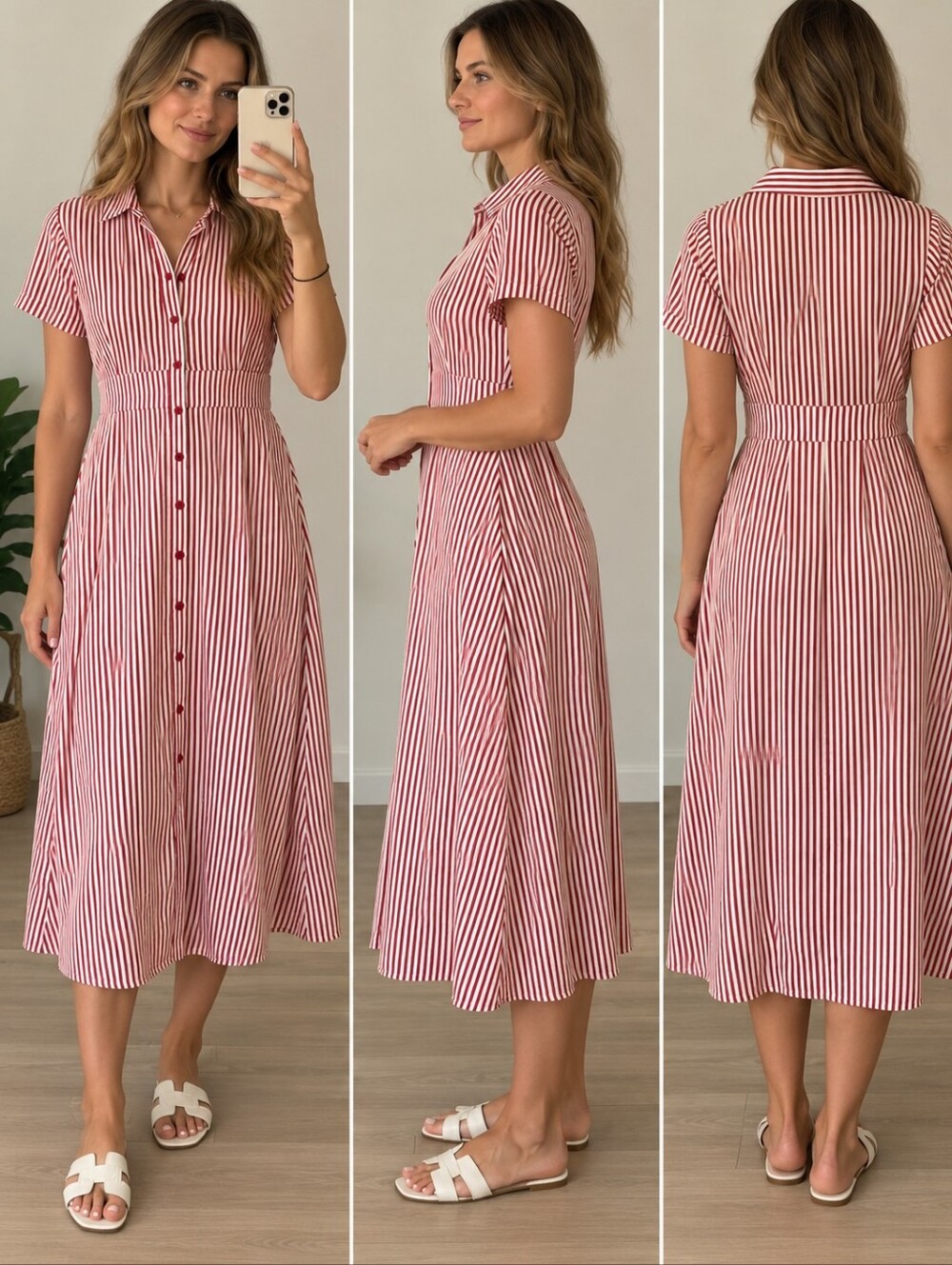 Audrey 3+1 Red and White Striped Button-Front Midi Dress
